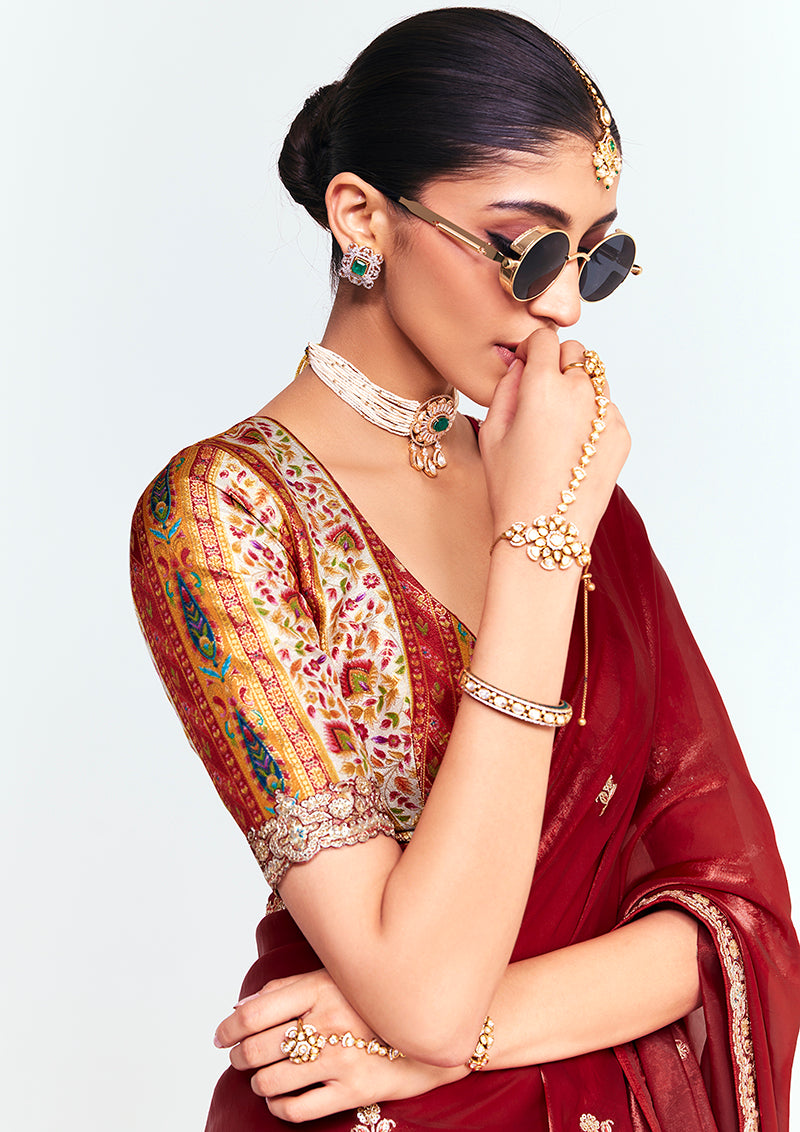 Monjolika Fashion Fancy Fabric Embroidered Maroon Saree - Distacart