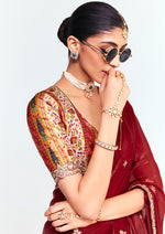 Thumbnail for Monjolika Fashion Fancy Fabric Embroidered Maroon Saree - Distacart