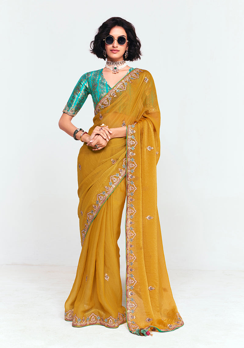 Monjolika Fashion Fancy Fabric Embroidered Mustard Saree - Distacart