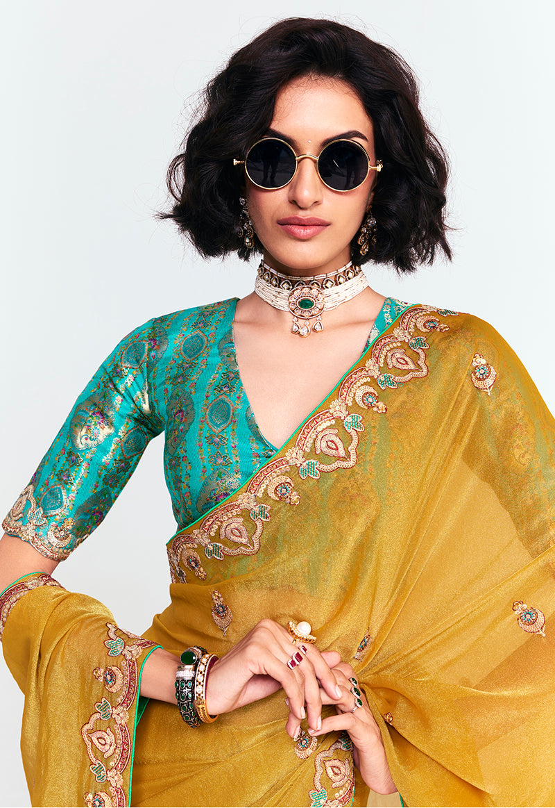 Monjolika Fashion Fancy Fabric Embroidered Mustard Saree - Distacart
