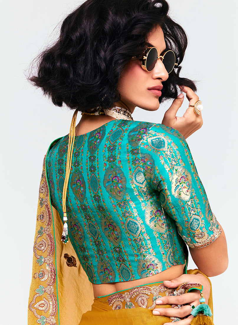Monjolika Fashion Fancy Fabric Embroidered Mustard Saree - Distacart