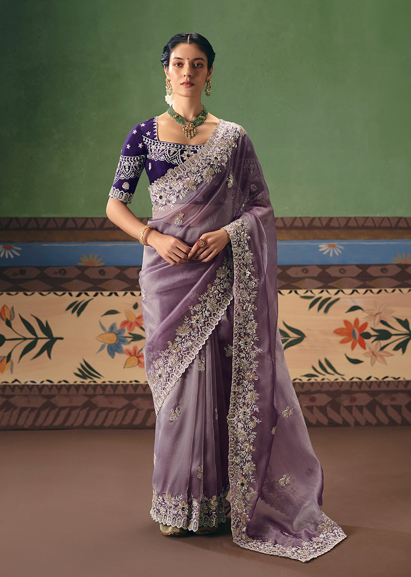 Monjolika Fashion Lilac Fancy Fabric Embroidered Saree - Distacart
