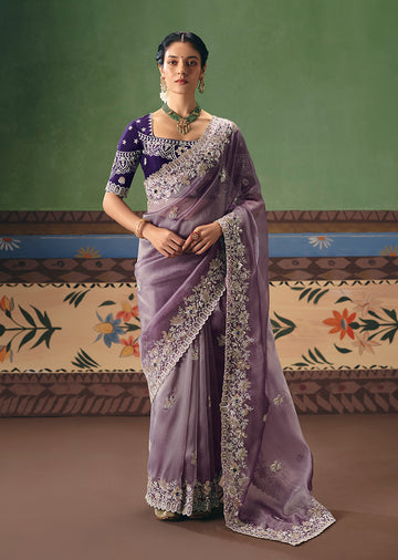 Monjolika Fashion Lilac Fancy Fabric Embroidered Saree - Distacart