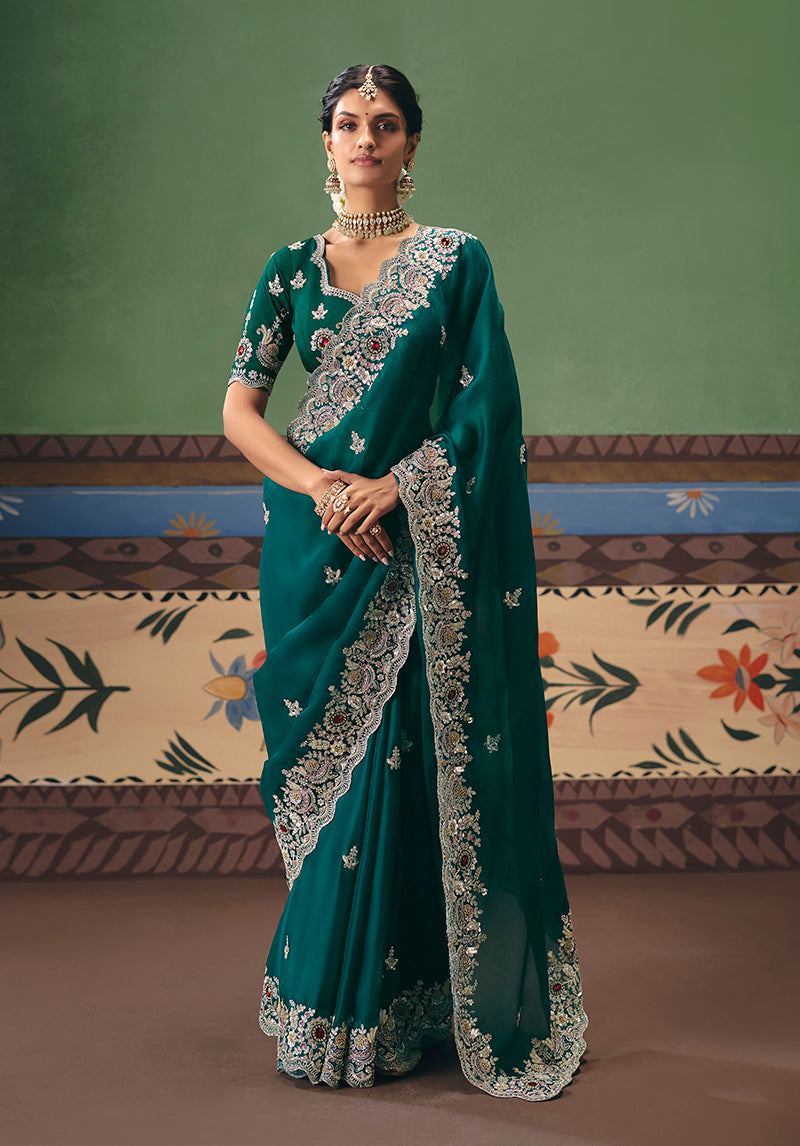 Monjolika Fashion Teal Fancy Fabric Embroidered Saree - Distacart