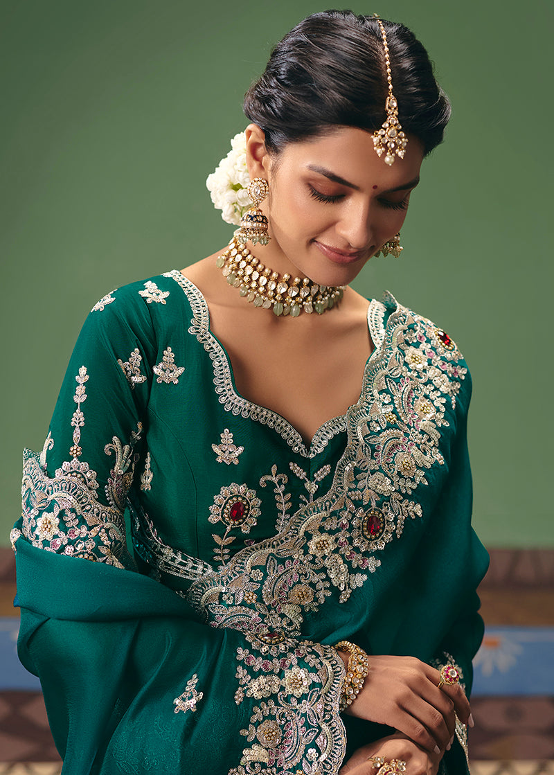 Monjolika Fashion Teal Fancy Fabric Embroidered Saree - Distacart