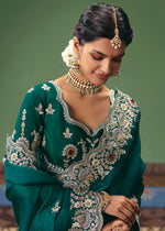 Thumbnail for Monjolika Fashion Teal Fancy Fabric Embroidered Saree - Distacart