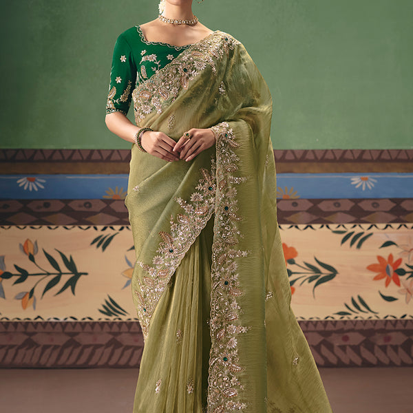 Monjolika Fashion Pista Green Fancy Fabric Embroidered Saree - Distacart