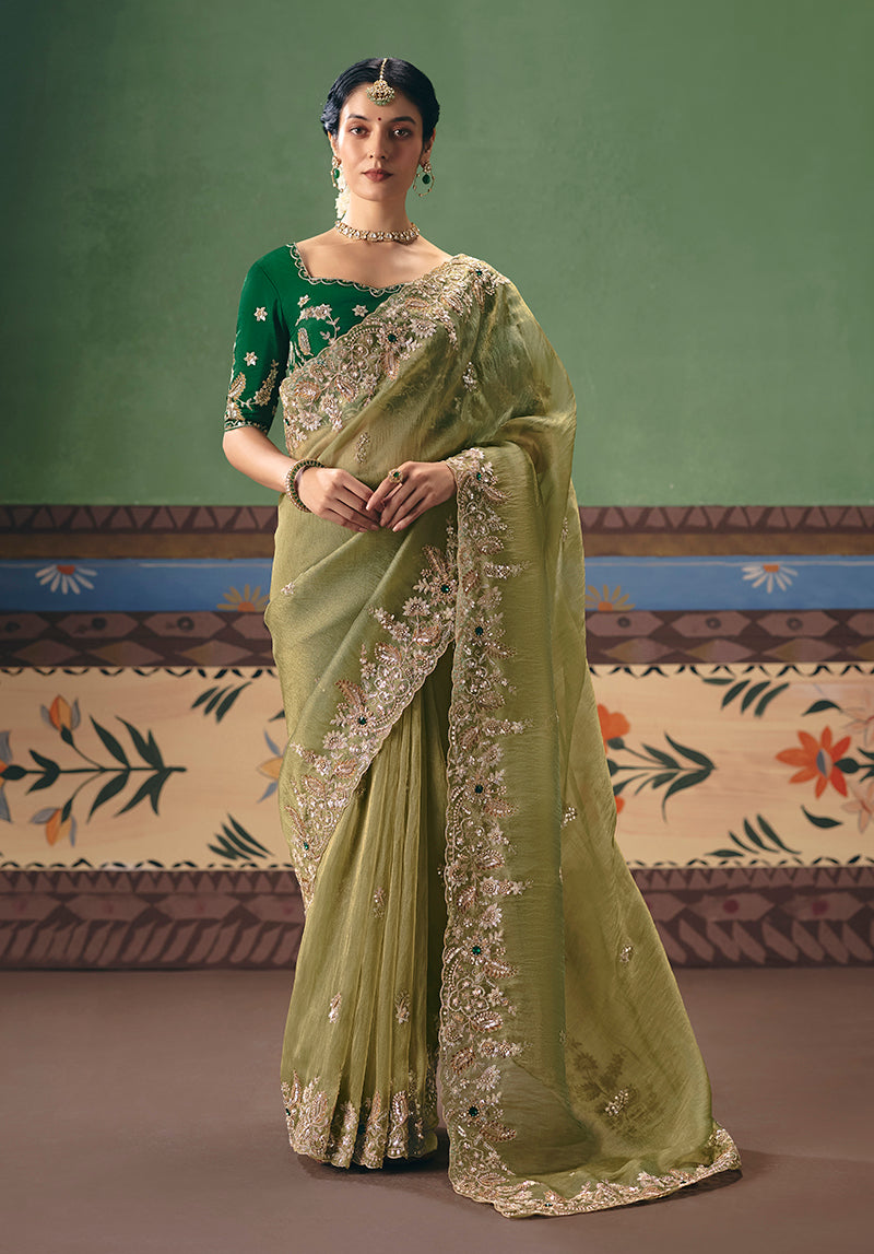 Monjolika Fashion Pista Green Fancy Fabric Embroidered Saree - Distacart