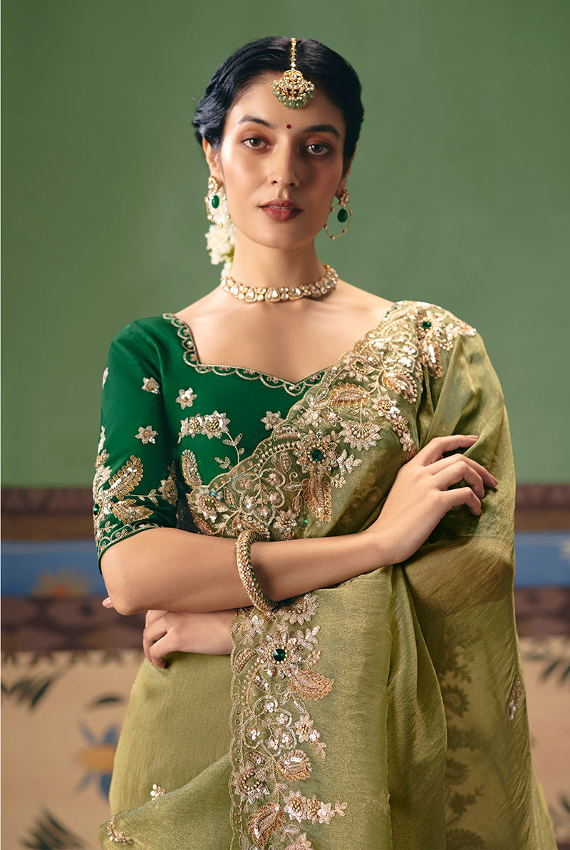 Monjolika Fashion Pista Green Fancy Fabric Embroidered Saree - Distacart