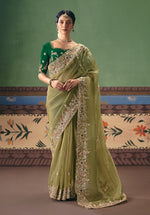 Thumbnail for Monjolika Fashion Pista Green Fancy Fabric Embroidered Saree - Distacart