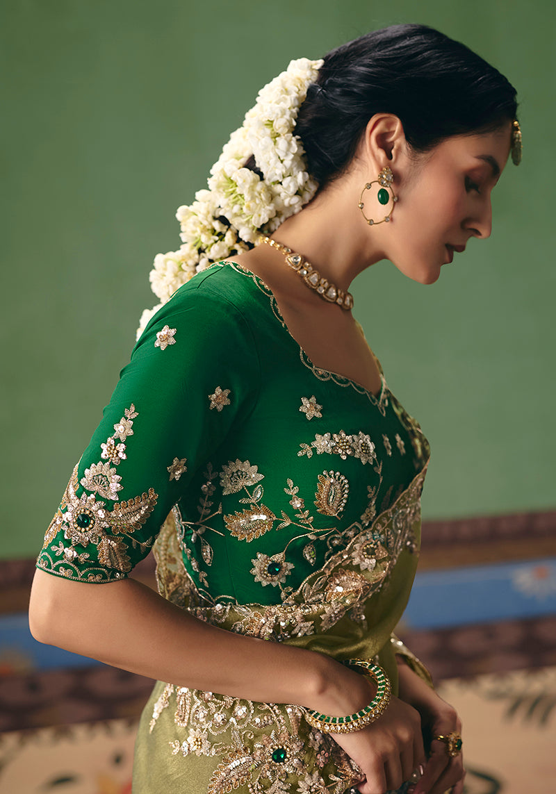 Monjolika Fashion Pista Green Fancy Fabric Embroidered Saree - Distacart