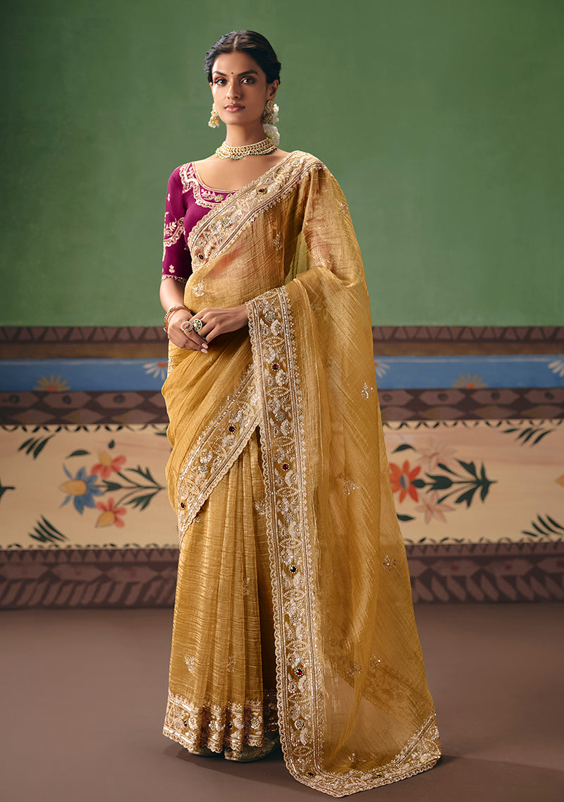 Monjolika Fashion Mustard Fancy Fabric Embroidered Saree - Distacart