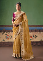 Thumbnail for Monjolika Fashion Mustard Fancy Fabric Embroidered Saree - Distacart