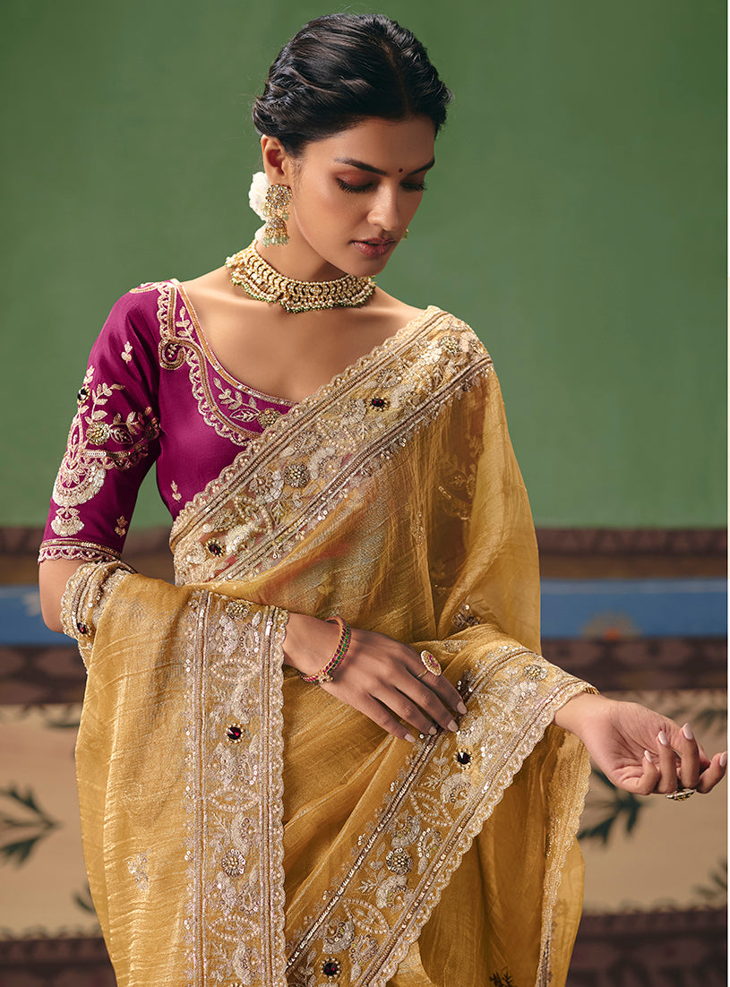 Monjolika Fashion Mustard Fancy Fabric Embroidered Saree - Distacart
