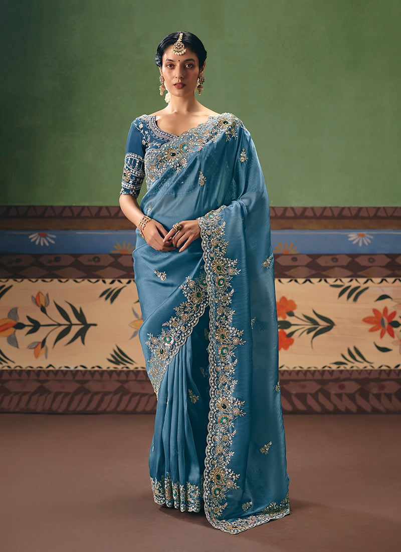 Monjolika Fashion Sky Blue Fancy Fabric Embroidered Saree - Distacart