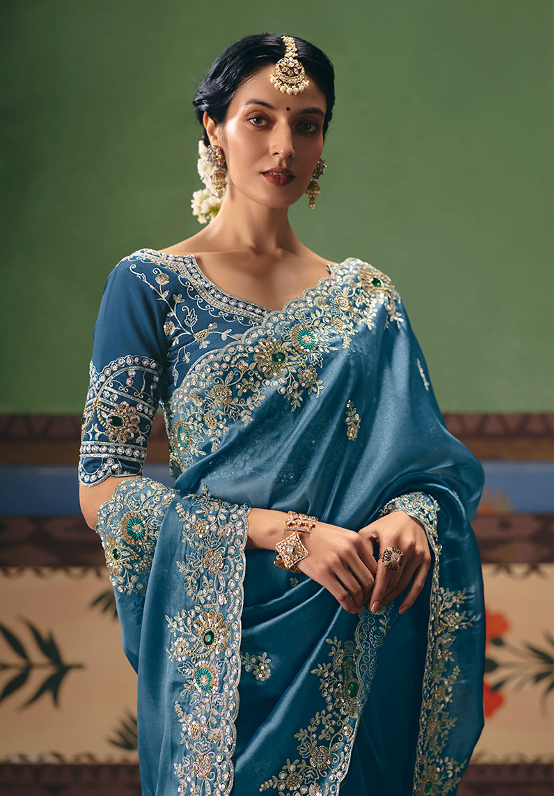 Monjolika Fashion Sky Blue Fancy Fabric Embroidered Saree - Distacart