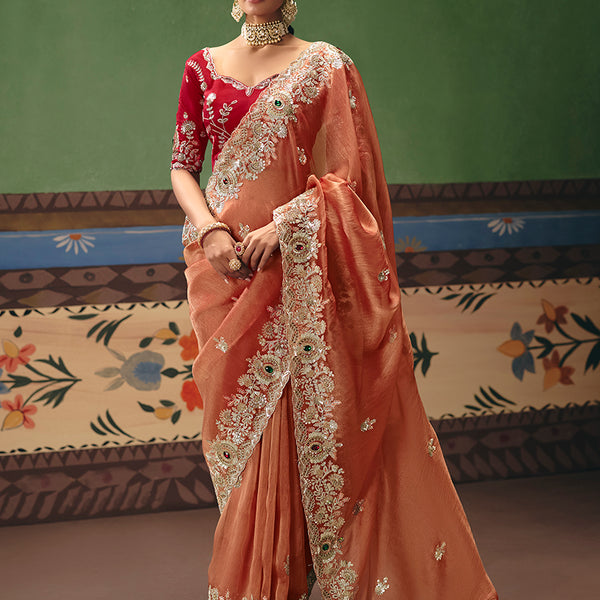 Monjolika Fashion Coral Fancy Fabric Embroidered Saree - Distacart