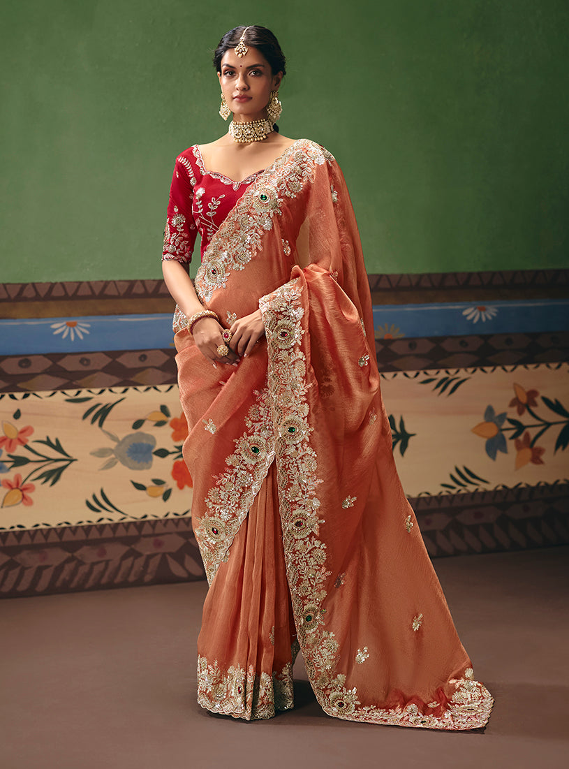 Monjolika Fashion Coral Fancy Fabric Embroidered Saree - Distacart