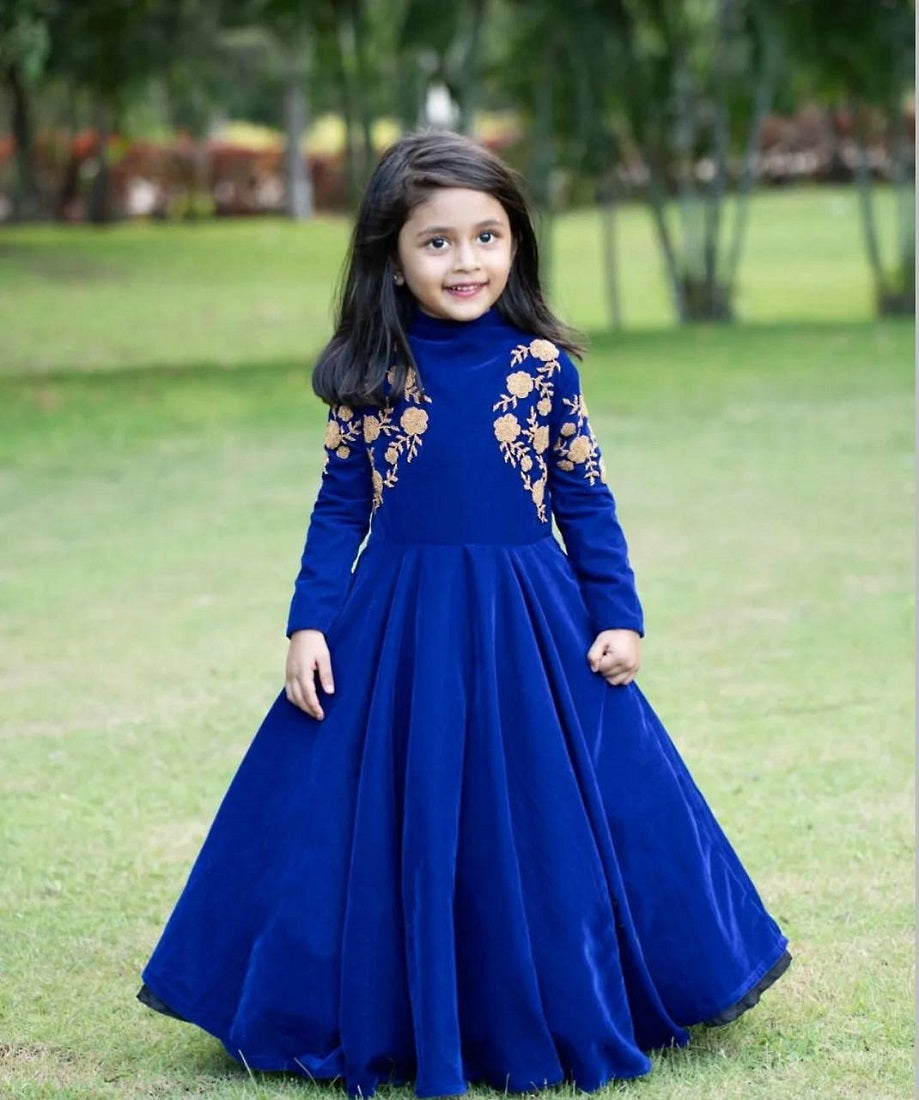 Evanik Blue Designer Heavy Viscose Velvet Embroidered Work Party Wear Kids Gown - Distacart
