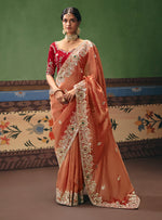 Thumbnail for Monjolika Fashion Coral Fancy Fabric Embroidered Saree - Distacart
