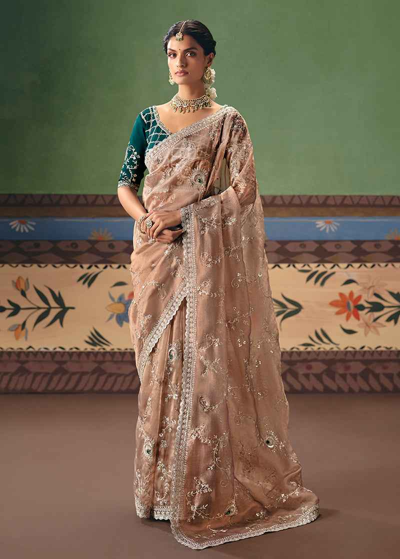 Monjolika Fashion Beige Fancy Fabric Embroidered Saree - Distacart