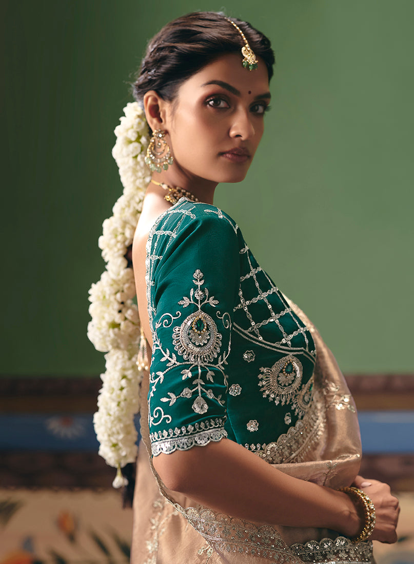 Monjolika Fashion Beige Fancy Fabric Embroidered Saree - Distacart