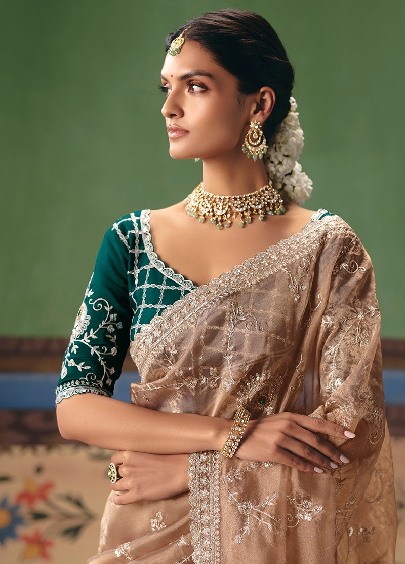 Monjolika Fashion Beige Fancy Fabric Embroidered Saree - Distacart