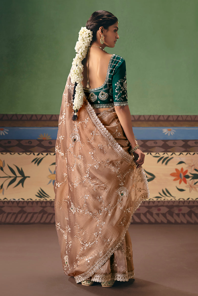 Monjolika Fashion Beige Fancy Fabric Embroidered Saree - Distacart