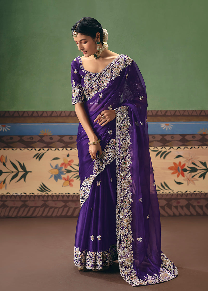 Monjolika Fashion Purple Fancy Fabric Embroidered Saree - Distacart