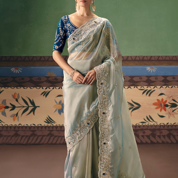 Monjolika Fashion Light Sea Green Fancy Fabric Embroidered Saree - Distacart