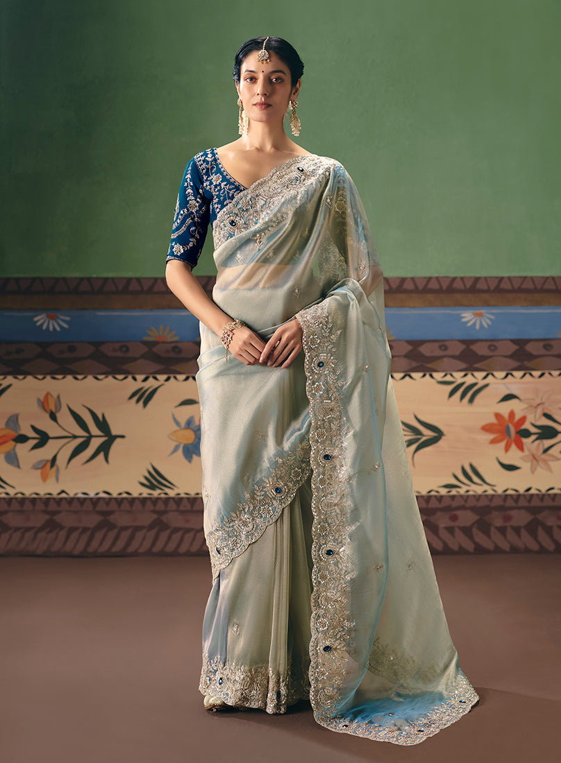 Monjolika Fashion Light Sea Green Fancy Fabric Embroidered Saree - Distacart