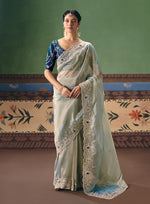 Thumbnail for Monjolika Fashion Light Sea Green Fancy Fabric Embroidered Saree - Distacart