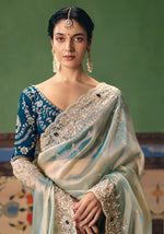 Thumbnail for Monjolika Fashion Light Sea Green Fancy Fabric Embroidered Saree - Distacart