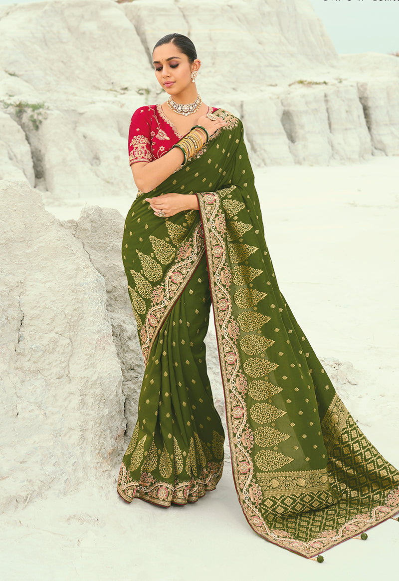 Monjolika Fashion Viscose Embroidered Mehendi Green Saree - Distacart