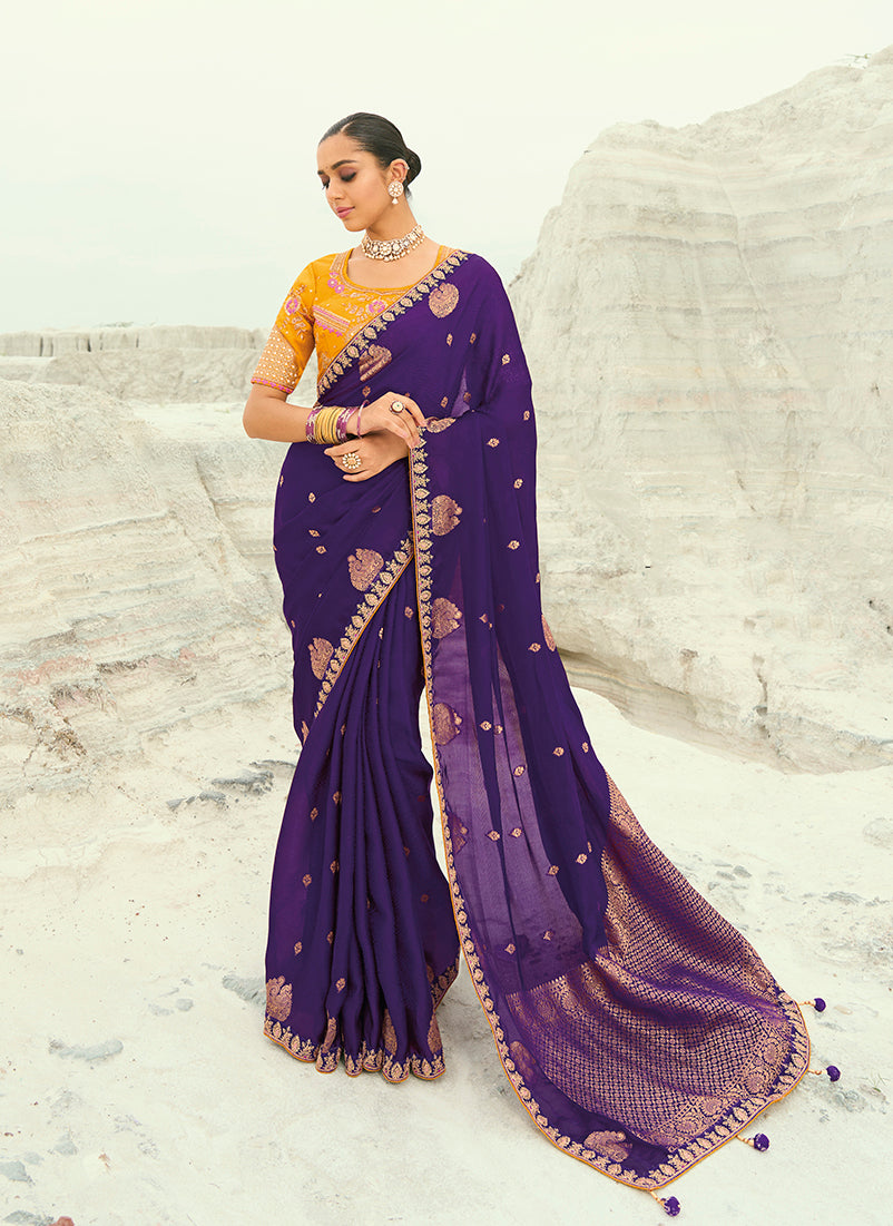 Monjolika Fashion Organza Viscose Satin Embroidered Purple Saree - Distacart