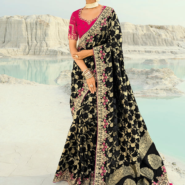 Monjolika Fashion Viscose Embroidered Black Saree - Distacart