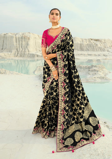 Monjolika Fashion Viscose Embroidered Black Saree - Distacart