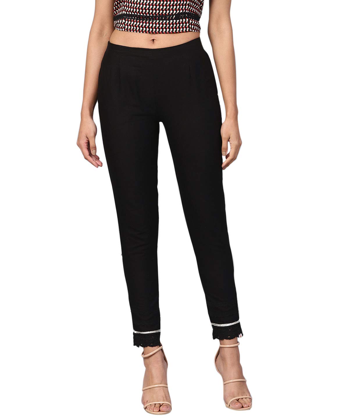 Juniper Women's Black Solid Cotton Flex Straight Fit Pants With Lace & Gota Work