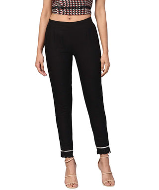 Juniper Women's Black Solid Cotton Flex Straight Fit Pants With Lace & Gota Work