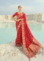 Thumbnail for Monjolika Fashion Viscose Embroidered Red Saree - Distacart