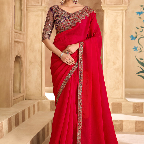 Monjolika Fashion Embroidered Faux Georgette Satin Red Saree - Distacart