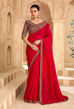 Thumbnail for Monjolika Fashion Embroidered Faux Georgette Satin Red Saree - Distacart