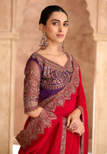 Thumbnail for Monjolika Fashion Embroidered Faux Georgette Satin Red Saree - Distacart
