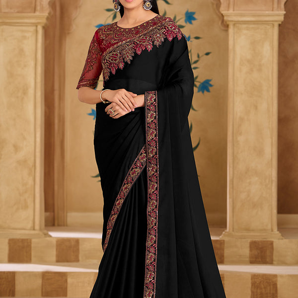 Monjolika Fashion Embroidered Faux Georgette Black Saree - Distacart