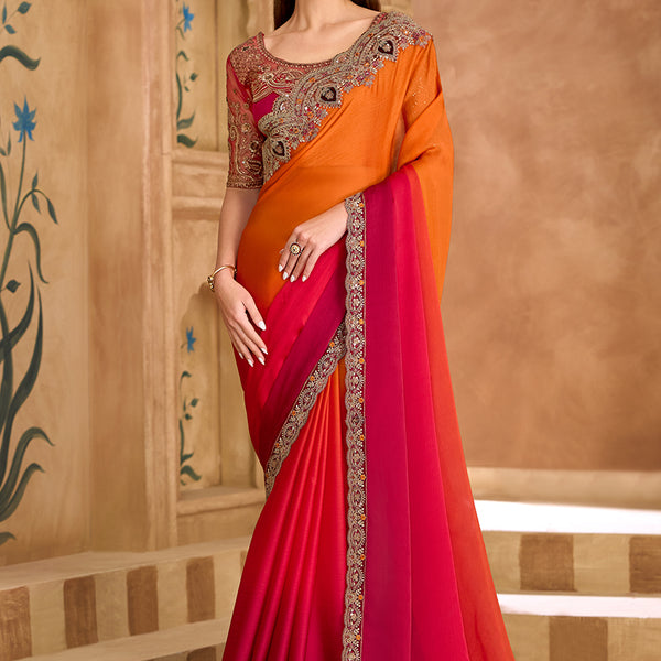 Monjolika Fashion Embroidered Faux Chiffon Satin Orange & Rani Pink Saree - Distacart