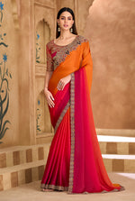Thumbnail for Monjolika Fashion Embroidered Faux Chiffon Satin Orange & Rani Pink Saree - Distacart
