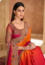 Thumbnail for Monjolika Fashion Embroidered Faux Chiffon Satin Orange & Rani Pink Saree - Distacart