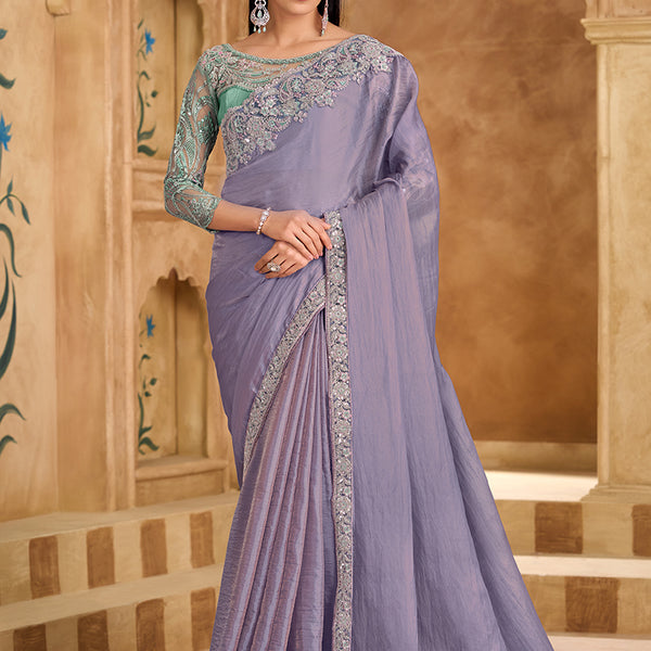 Monjolika Fashion Embroidered Faux Chiffon Lavender Saree - Distacart