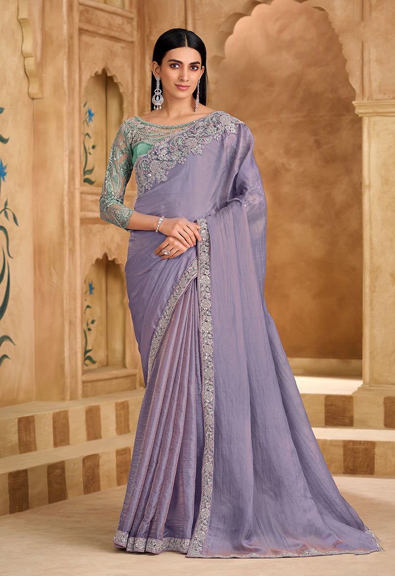 Monjolika Fashion Embroidered Faux Chiffon Lavender Saree - Distacart