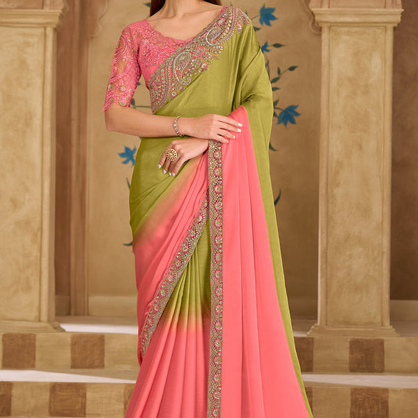 Monjolika Fashion Embroidered Faux Georgette Parrot Green & Pink Saree - Distacart